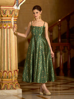 Thumbnail for Monjolika Fashion Green Jacquard Zari Weaving A-Line Dress for Women - Distacart