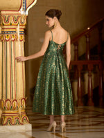 Thumbnail for Monjolika Fashion Green Jacquard Zari Weaving A-Line Dress for Women - Distacart