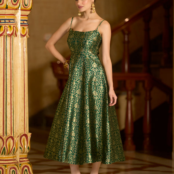 Monjolika Fashion Green Jacquard Zari Weaving A-Line Dress for Women - Distacart