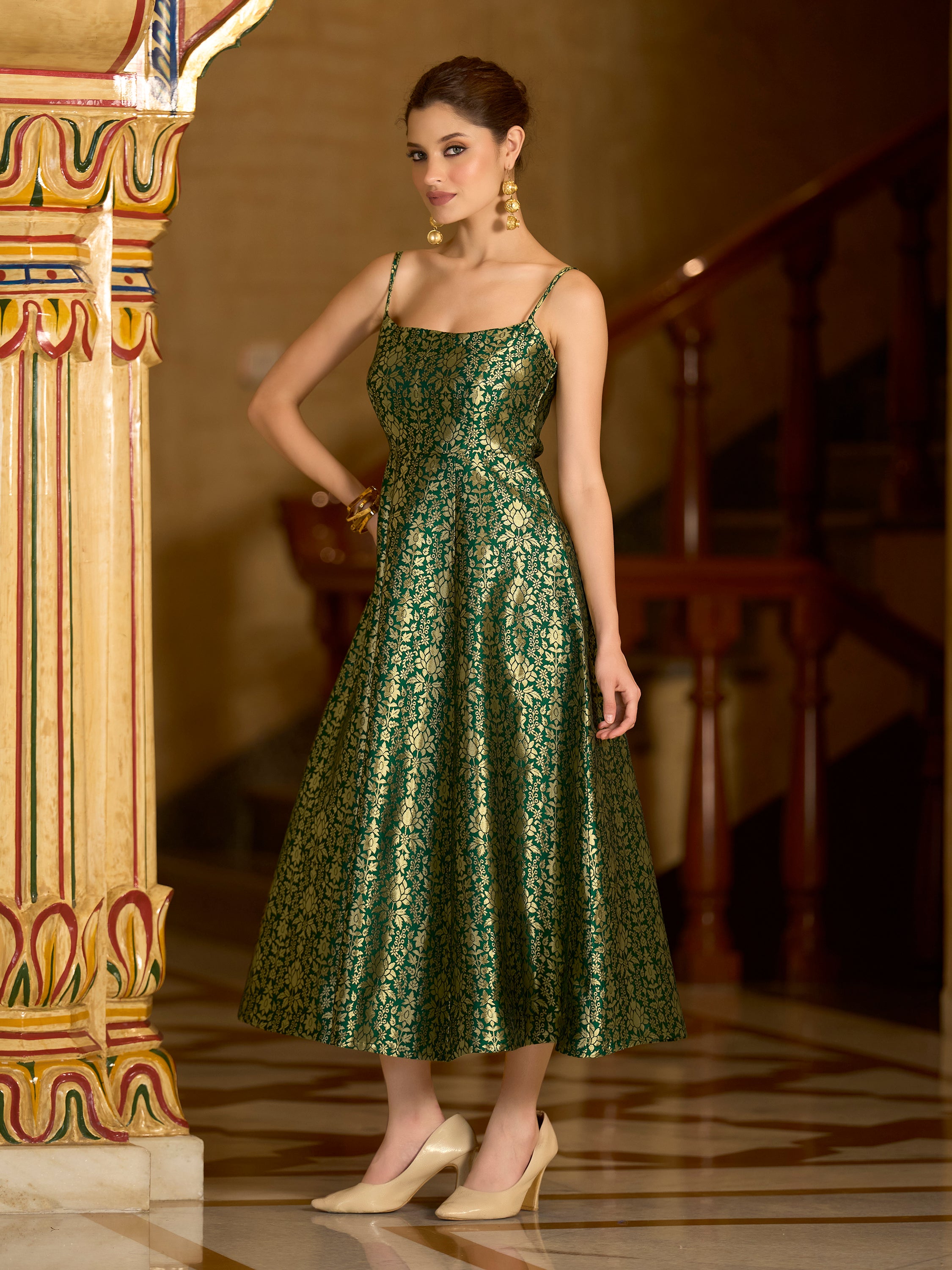 Monjolika Fashion Green Jacquard Zari Weaving A-Line Dress for Women - Distacart