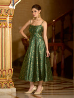 Thumbnail for Monjolika Fashion Green Jacquard Zari Weaving A-Line Dress for Women - Distacart