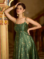 Thumbnail for Monjolika Fashion Green Jacquard Zari Weaving A-Line Dress for Women - Distacart