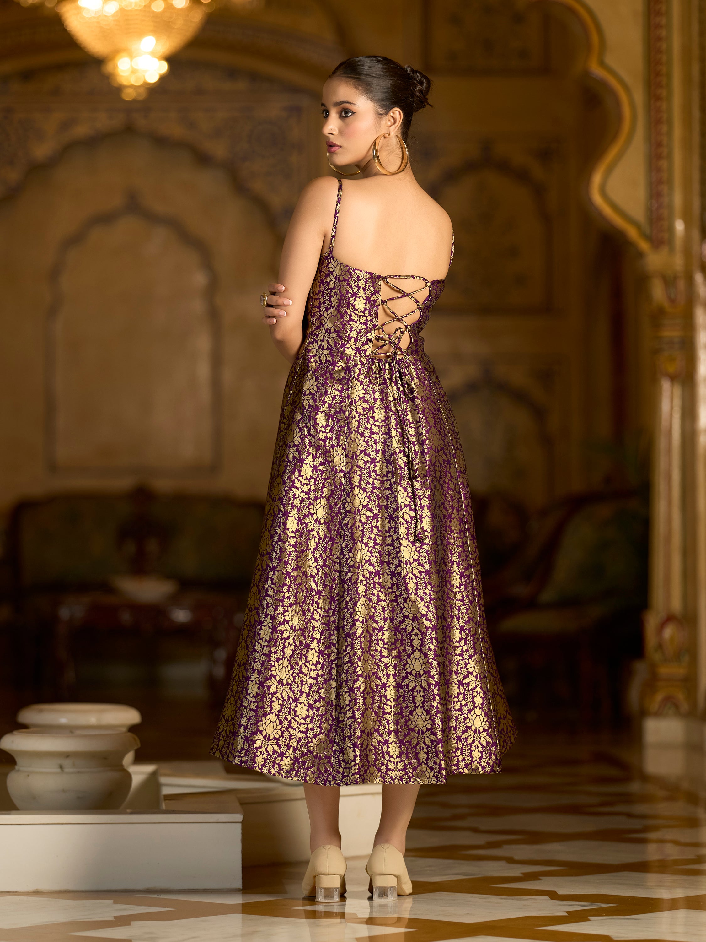 Buy Monjolika Fashion Wine Jacquard Zari Weaving A-Line Dress for Women Online at Low Prices