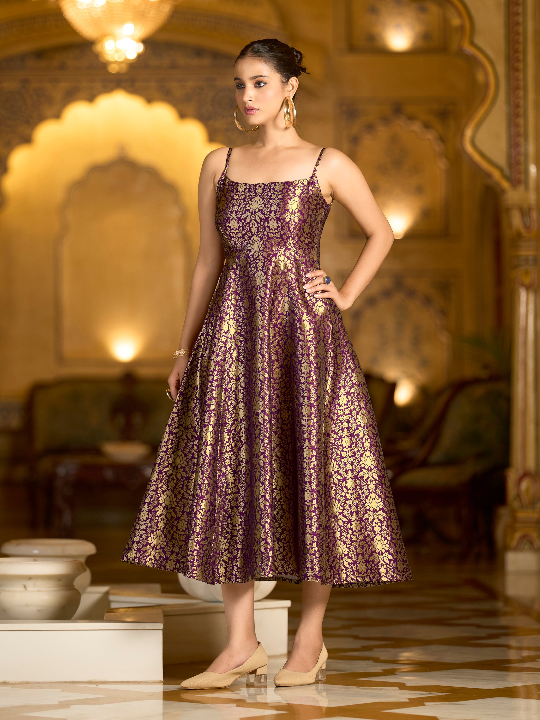 Monjolika Fashion Wine Jacquard Zari Weaving A-Line Dress for Women - Distacart