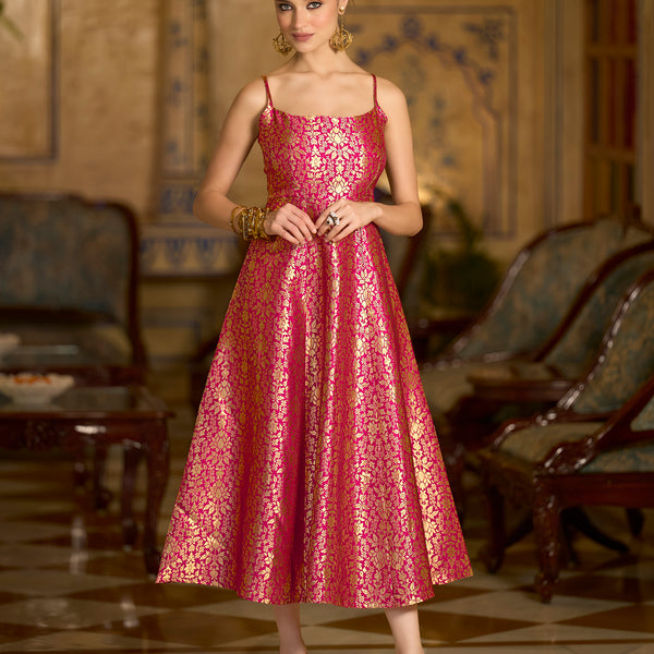 Monjolika Fashion Pink Jacquard Zari Weaving A-Line Dress for Women - Distacart