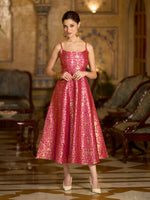 Thumbnail for Monjolika Fashion Pink Jacquard Zari Weaving A-Line Dress for Women - Distacart