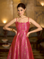Thumbnail for Monjolika Fashion Pink Jacquard Zari Weaving A-Line Dress for Women - Distacart