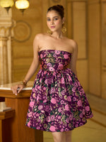 Thumbnail for Monjolika Fashion Purple Floral Weaving Zari Jacquard Strapless Mini Dress - Distacart