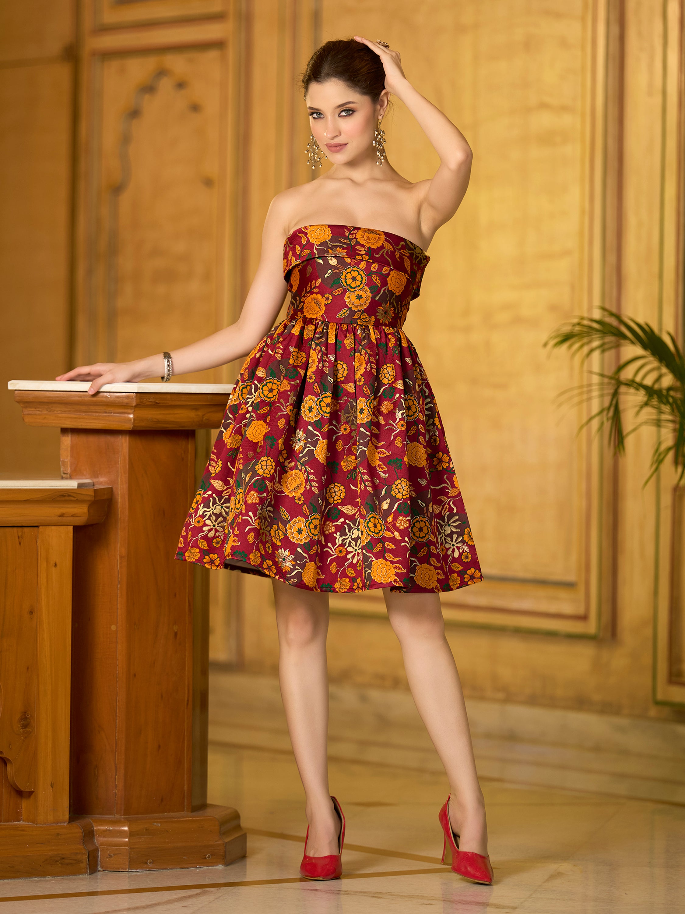 Monjolika Fashion Maroon Floral Weaving Zari Jacquard Strapless Mini Dress - Distacart