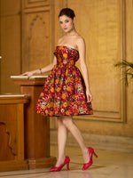 Thumbnail for Monjolika Fashion Maroon Floral Weaving Zari Jacquard Strapless Mini Dress - Distacart