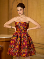 Thumbnail for Monjolika Fashion Maroon Floral Weaving Zari Jacquard Strapless Mini Dress - Distacart