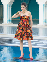 Thumbnail for Monjolika Fashion Black Floral Weaving Zari Jacquard Strapless Mini Dress - Distacart