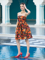 Thumbnail for Monjolika Fashion Black Floral Weaving Zari Jacquard Strapless Mini Dress - Distacart