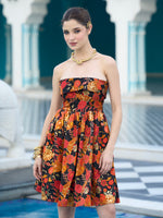 Thumbnail for Monjolika Fashion Black Floral Weaving Zari Jacquard Strapless Mini Dress - Distacart