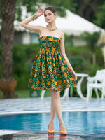 Thumbnail for Monjolika Fashion Green Floral Weaving Zari Jacquard Strapless Mini Dress - Distacart