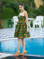 Thumbnail for Monjolika Fashion Green Floral Weaving Zari Jacquard Strapless Mini Dress - Distacart