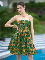 Thumbnail for Monjolika Fashion Green Floral Weaving Zari Jacquard Strapless Mini Dress - Distacart