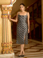Thumbnail for Monjolika Fashion Black Floral Weaving Zari Jacquard Bodycon Midi Dress With Slit Cut - Distacart