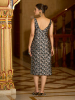 Thumbnail for Monjolika Fashion Black Floral Weaving Zari Jacquard Bodycon Midi Dress With Slit Cut - Distacart