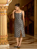 Thumbnail for Monjolika Fashion Black Floral Weaving Zari Jacquard Bodycon Midi Dress With Slit Cut - Distacart