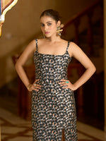 Thumbnail for Monjolika Fashion Black Floral Weaving Zari Jacquard Bodycon Midi Dress With Slit Cut - Distacart