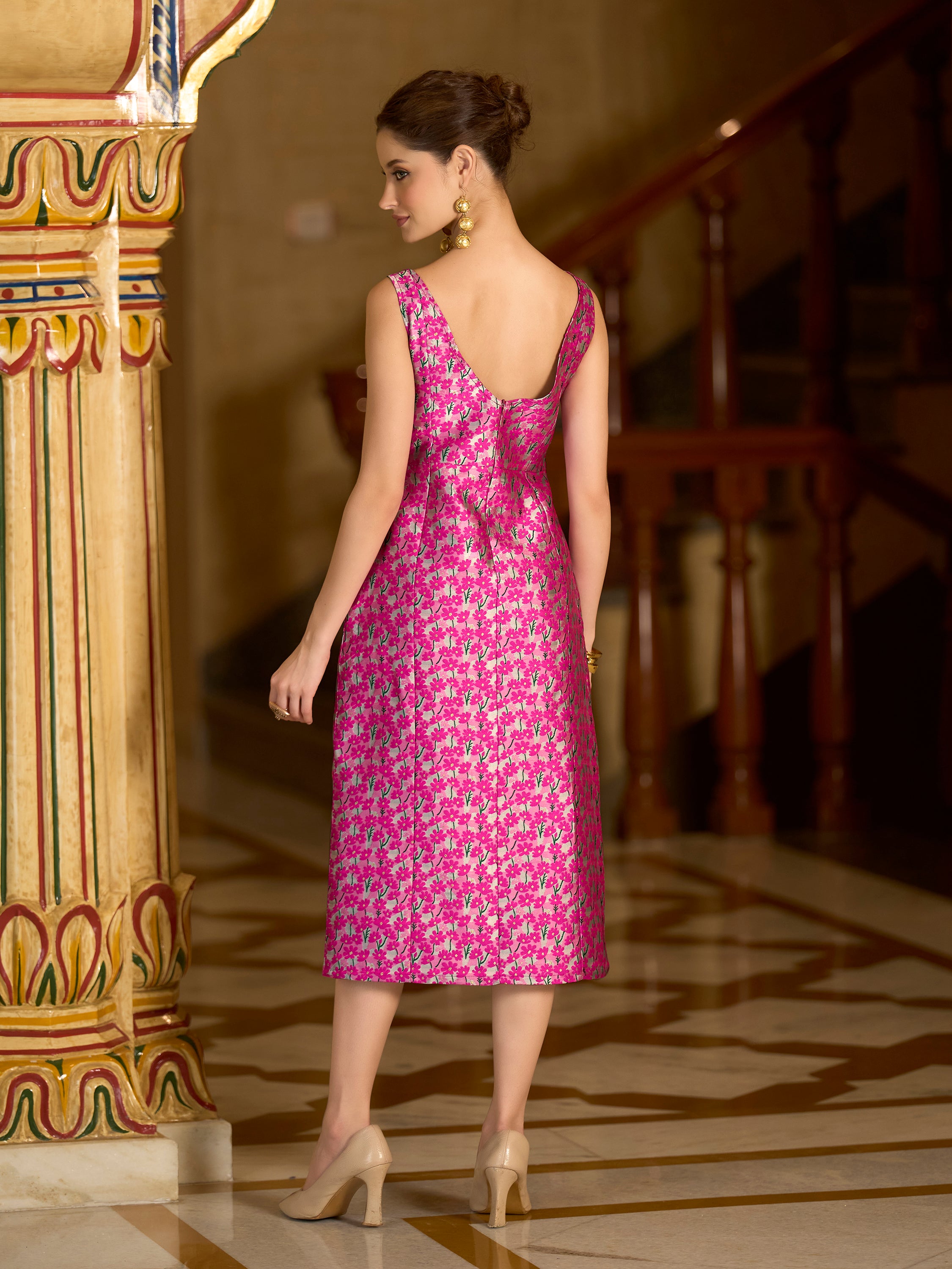 Monjolika Fashion Pink Floral Weaving Zari Jacquard Bodycon Midi Dress With Slit Cut - Distacart