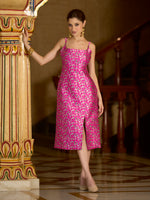 Thumbnail for Monjolika Fashion Pink Floral Weaving Zari Jacquard Bodycon Midi Dress With Slit Cut - Distacart