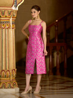 Thumbnail for Monjolika Fashion Pink Floral Weaving Zari Jacquard Bodycon Midi Dress With Slit Cut - Distacart