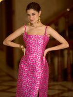 Thumbnail for Monjolika Fashion Pink Floral Weaving Zari Jacquard Bodycon Midi Dress With Slit Cut - Distacart