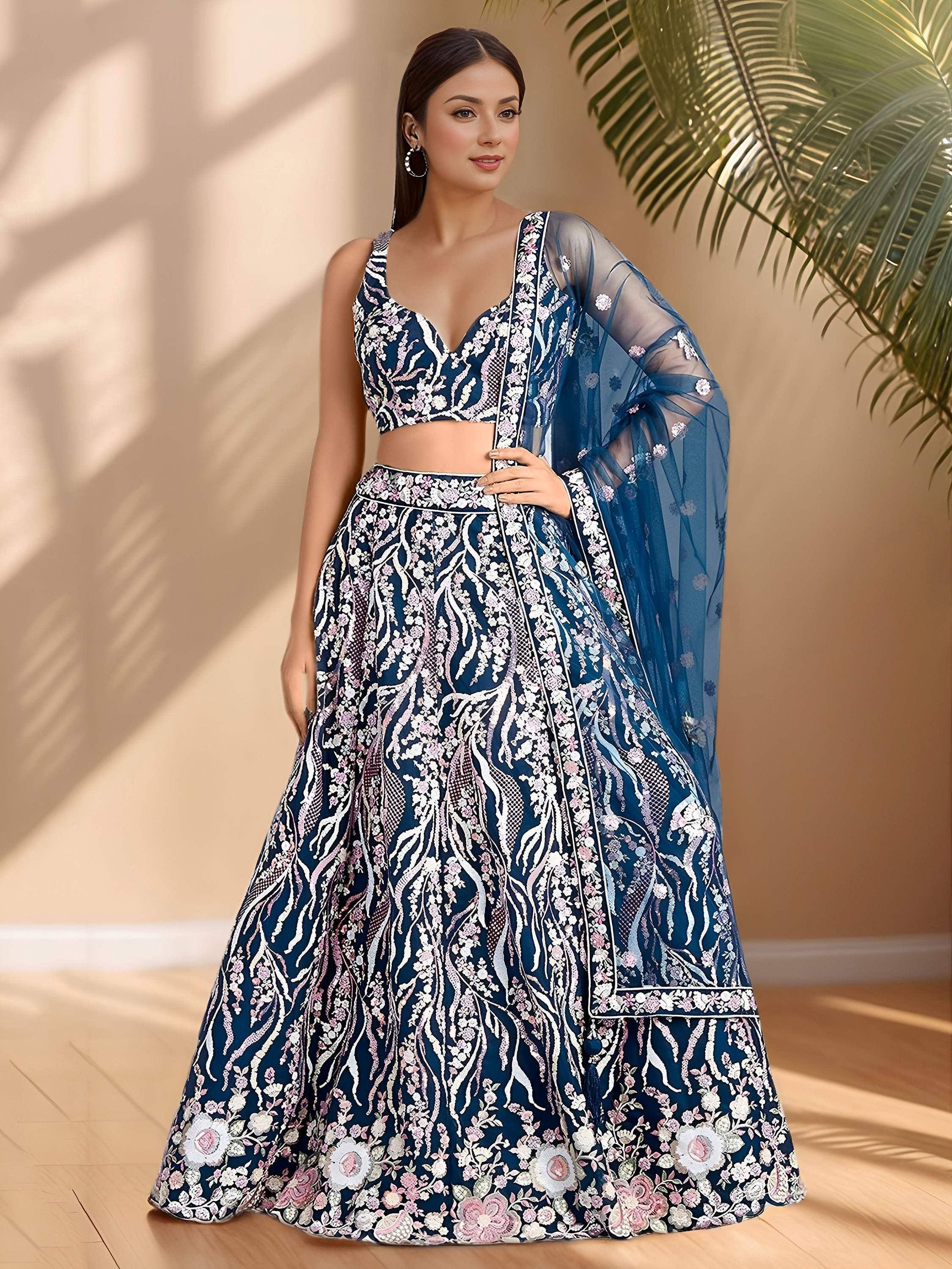 Tulsi Art Astonishing Blue Sequins Net Party Wear Lehenga Choli With Dupatta - Dista