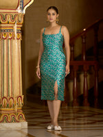 Thumbnail for Monjolika Fashion Teal Floral Weaving Zari Jacquard Bodycon Midi Dress With Slit Cut - Distacart