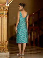 Thumbnail for Monjolika Fashion Teal Floral Weaving Zari Jacquard Bodycon Midi Dress With Slit Cut - Distacart