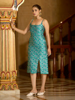 Thumbnail for Monjolika Fashion Teal Floral Weaving Zari Jacquard Bodycon Midi Dress With Slit Cut - Distacart