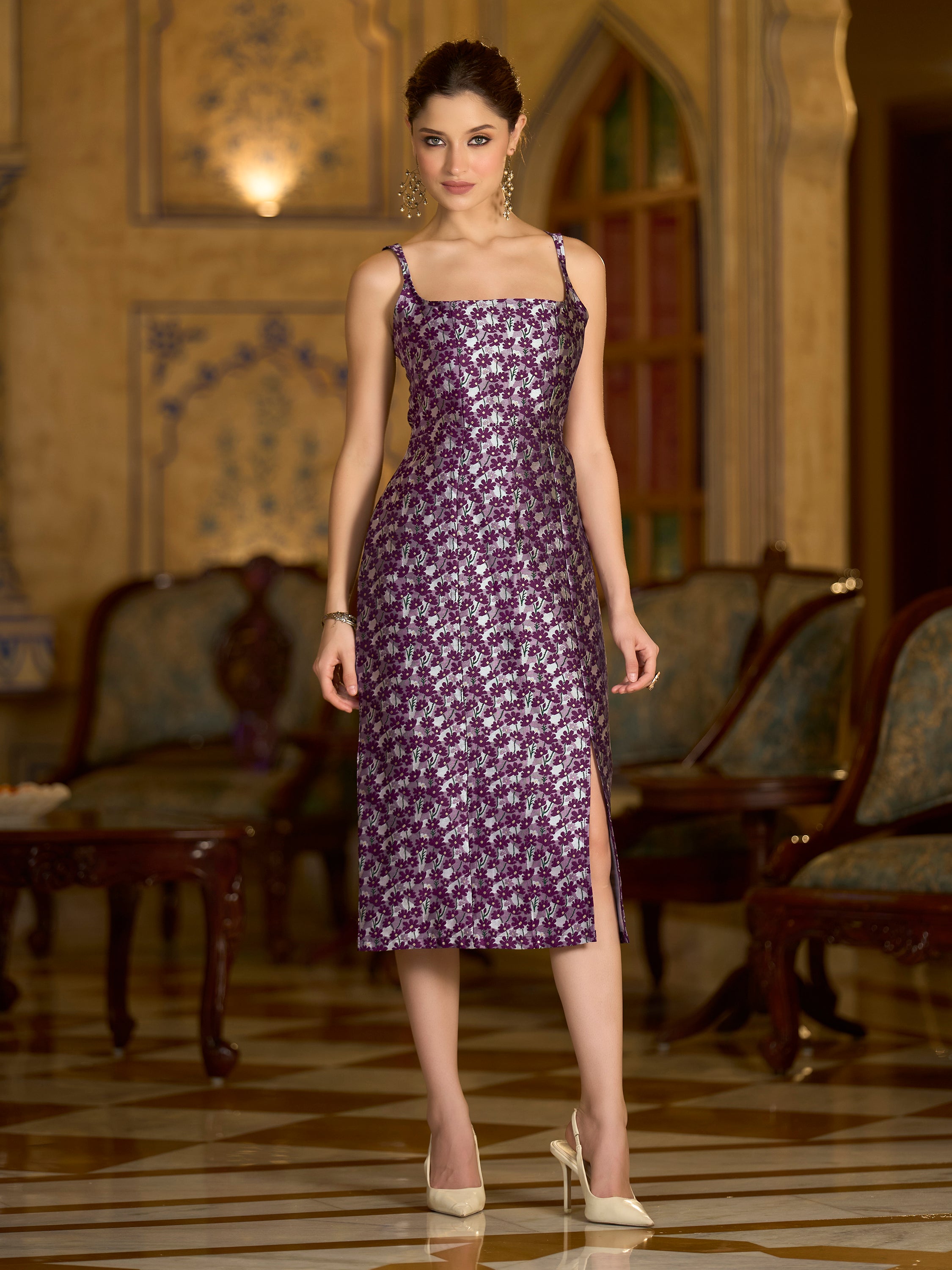 Monjolika Fashion Wine Floral Weaving Zari Jacquard Bodycon Midi Dress With Slit Cut - Distacart