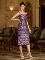 Thumbnail for Monjolika Fashion Wine Floral Weaving Zari Jacquard Bodycon Midi Dress With Slit Cut - Distacart