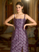 Thumbnail for Monjolika Fashion Wine Floral Weaving Zari Jacquard Bodycon Midi Dress With Slit Cut - Distacart