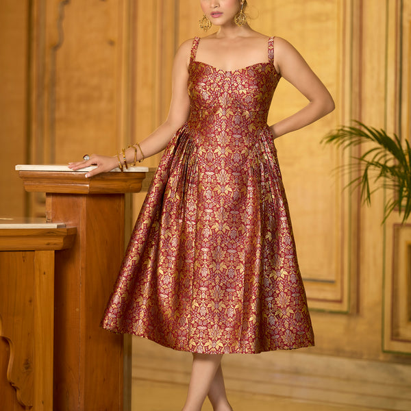 Monjolika Fashion Designer Maroon Jacquard Zari Woven A-Line Midi Dress - Distacart