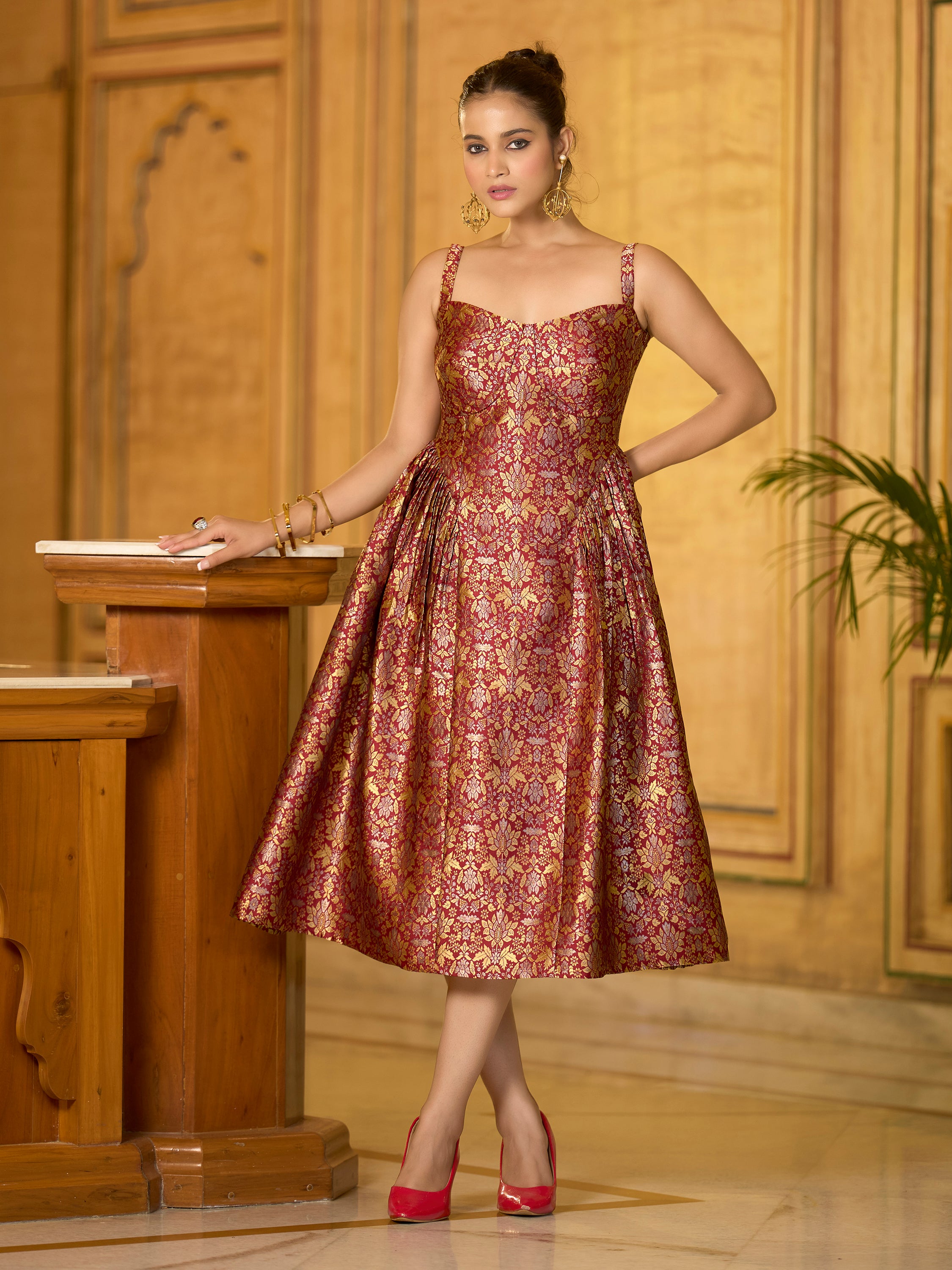 Monjolika Fashion Designer Maroon Jacquard Zari Woven A-Line Midi Dress - Distacart