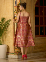 Thumbnail for Monjolika Fashion Designer Maroon Jacquard Zari Woven A-Line Midi Dress - Distacart