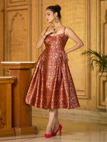 Thumbnail for Monjolika Fashion Designer Maroon Jacquard Zari Woven A-Line Midi Dress - Distacart