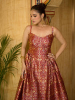 Thumbnail for Monjolika Fashion Designer Maroon Jacquard Zari Woven A-Line Midi Dress - Distacart