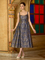Thumbnail for Monjolika Fashion Designer Navy Blue Jacquard Zari Woven A-Line Midi Dress - Distacart