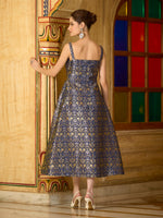 Thumbnail for Monjolika Fashion Designer Navy Blue Jacquard Zari Woven A-Line Midi Dress - Distacart