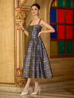 Thumbnail for Monjolika Fashion Designer Navy Blue Jacquard Zari Woven A-Line Midi Dress - Distacart