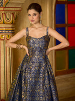 Thumbnail for Monjolika Fashion Designer Navy Blue Jacquard Zari Woven A-Line Midi Dress - Distacart