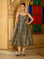 Thumbnail for Monjolika Fashion Designer Black Jacquard Zari Woven A-Line Midi Dress - Distacart