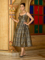 Thumbnail for Monjolika Fashion Designer Black Jacquard Zari Woven A-Line Midi Dress - Distacart