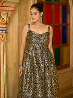 Thumbnail for Monjolika Fashion Designer Black Jacquard Zari Woven A-Line Midi Dress - Distacart