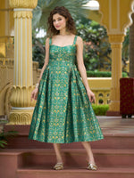 Thumbnail for Monjolika Fashion Designer Teal Jacquard Zari Woven A-Line Midi Dress - Distacart