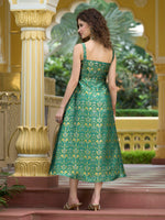 Thumbnail for Monjolika Fashion Designer Teal Jacquard Zari Woven A-Line Midi Dress - Distacart
